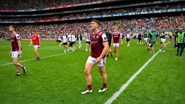 29 June 2025; Galway players including Damien Comer, 26, leave the field after the GAA Football All-Ireland Senior Championship quarter-final match between Meath and Galway at Croke Park in Dublin. Photo by Ray McManus/Sportsfile