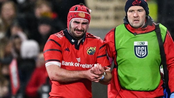 2 January 2026; John Hodnett of Munster leaves the pitch with an injury during the United Rugby Championship match between Ulster and Munster at Affidea Stadium in Belfast. Photo by Ramsey Cardy/Sportsfile