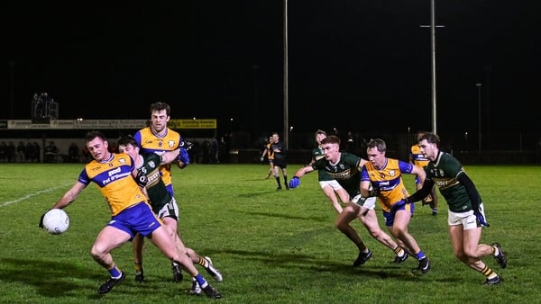 Darragh Bohannon of Clare and Liam Smith of Kerry contest possession during the McGrath Cup match between Clare and Kerry at Clarecastle GAA Club in Clarecastle, Clare
