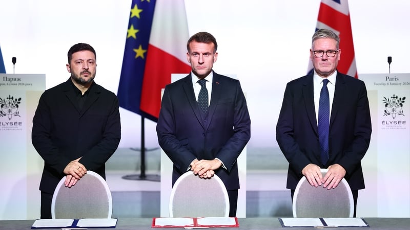 Ukraine's President Volodymyr Zelensky, French President Emmanuel Macron and British Prime Minister Keir Starmer during the signing of a declaration of intent