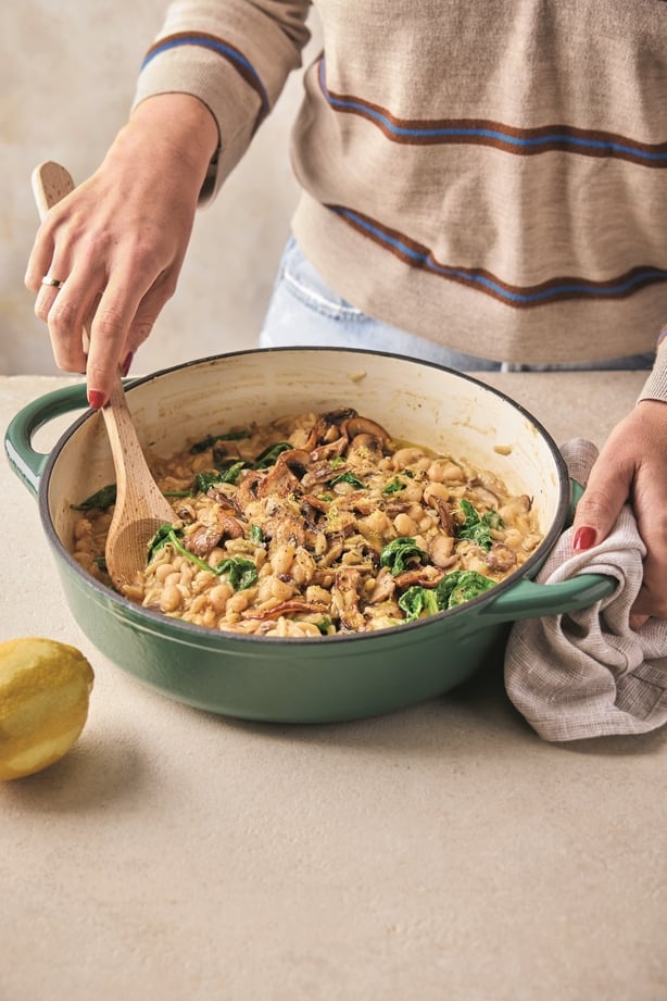 A pot of mushroom orzo