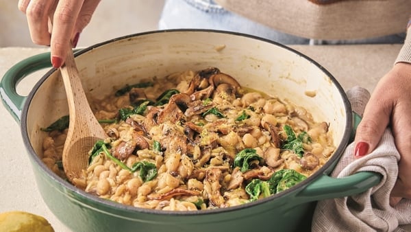 A pot of mushroom orzo