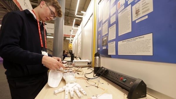 A boy examines a model of a human hand