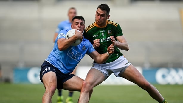 18 July 2021; Brian Howard of Dublin is tackled by Bryan Menton of Meath during the Leinster GAA Senior Football Championship Semi-Final match between Dublin and Meath at Croke Park in Dublin. Photo by Harry Murphy/Sportsfile