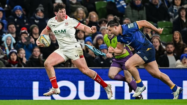19 December 2025; Tom Stewart of Ulster on his way to scoring his side's third try during the United Rugby Championship match between Leinster and Ulster at the Aviva Stadium in Dublin. Photo by Ramsey Cardy/Sportsfile