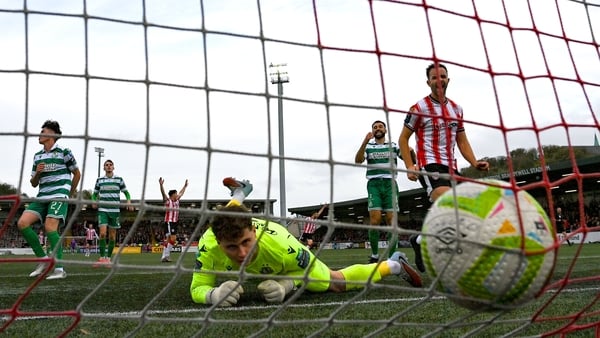 26 October 2025; Shamrock Rovers goalkeeper Ed McGinty after his side conceded a first goal, scored by Brandon Fleming of Derry City, not pictured, during the SSE Airtricity Men's Premier Division match between Derry City and Shamrock Rovers at The Ryan M