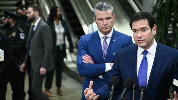 (L/R) US Secretary of Defense Pete Hegseth and US Secretary of State Marco Rubio speak to reporters