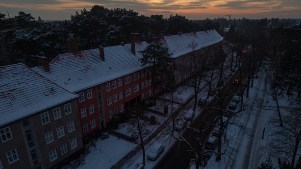 BERLIN, GERMANY - JANUARY 6 : In an aerial view, unlit residential buildings stand in the Zehlendorf district during a power outage, following an arson attack on power cables on January 6, 2026 in Berlin, Germany. The attack occurred at a bridge crossing the Teltow Canal and caused a blackout affec