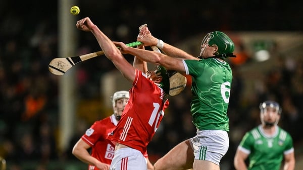 Colin O’Brien of Cork and William O'Donoghue of Limerick contest a dropping ball during the Co-Op Superstores Munster Senior Hurling League match between Limerick and Cork at TUS Gaelic Grounds in Limerick.