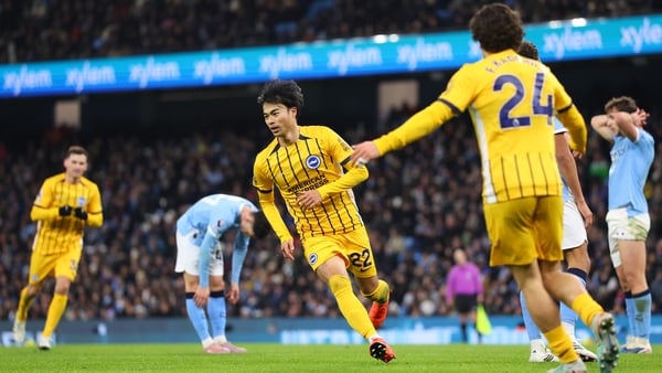 Kaoru Mitoma of Brighton & Hove Albion celebrates scoring his team's first goal during the Premier League match between Manchester City and Brighton & Hove Albion at Etihad Stadium on January 7, 2026 in Manchester, England.