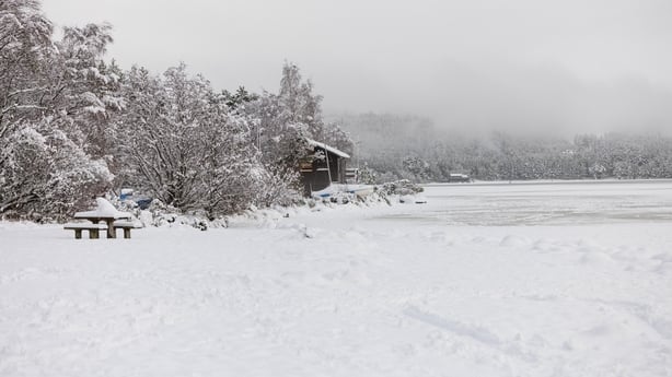Heavy snow on Loch Morlich in the Scottish Highlands