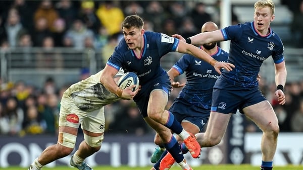 12 January 2025; Garry Ringrose of Leinster is tackled by Grégory Alldritt of Stade Rochelais during the Investec Champions Cup Pool 2 match between Stade Rochelais and Leinster at Stade Marcel Deflandre in La Rochelle, France. Photo by Brendan Moran/Spor