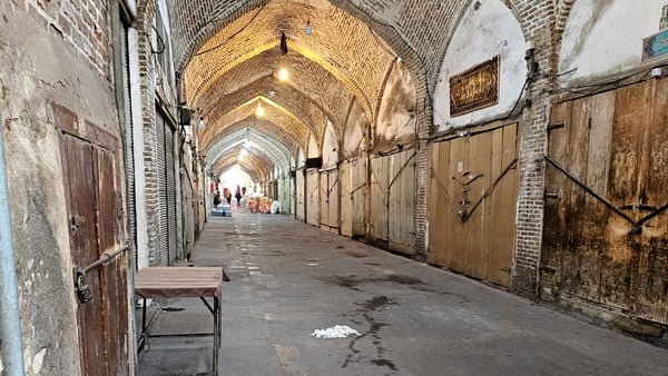 General view of the closed shops as shopkeepers in Tabriz Bazaar closed their shops to protest the country's economic problems