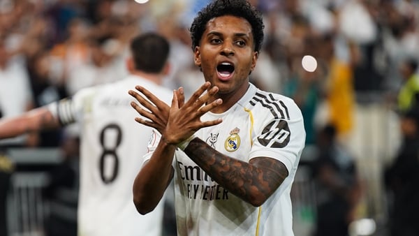 Rodrygo of Real Madrid celebrates after scoring a goal during the Spanish Super Cup semi-final match between Atletico de Madrid and Real Madrid at King Abdullah Sports City Hall Stadium in Jeddah, Saudi Arabia, on January 8, 2026.