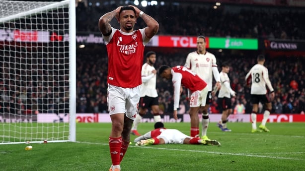 Gabriel Jesus of Arsenal reacts at a missed chance during the Premier League match between Arsenal and Liverpool at Emirates Stadium on January 08, 2026 in London, England.