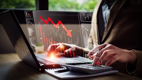 Economic collapse concept, businessman with falling financial graph chart due to global recession. Stock market crash, inflation, financial crisis, Falling income in GDP, capital reduction, loss of