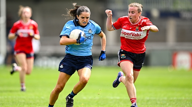 Niamh Crowley of Dublin in action against Melissa Duggan of Cork - 2025 TG4 All-Ireland quarter-final