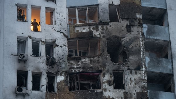 A multi-storey apartment block in Kyiv damaged by a Russian drone strike