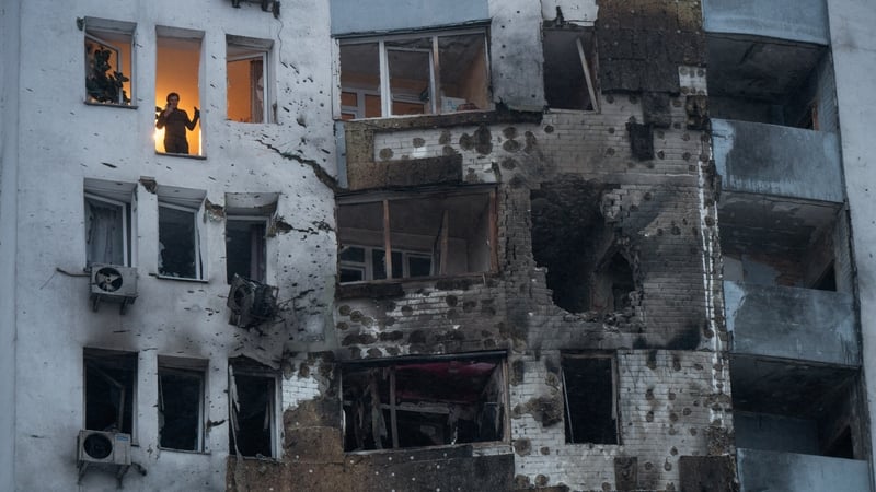 A multi-storey apartment block in Kyiv damaged by a Russian drone strike