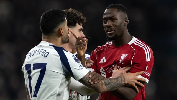 Ibrahima Konate of Liverpool clashes with Cristian Romero of Tottenham Hotspurduring the Premier League match between Tottenham Hotspur and Liverpool at Tottenham Hotspur Stadium on December 20, 2025 in London, England.