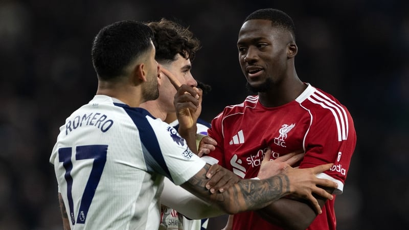 Ibrahima Konate of Liverpool clashes with Cristian Romero of Tottenham Hotspurduring the Premier League match between Tottenham Hotspur and Liverpool at Tottenham Hotspur Stadium on December 20, 2025 in London, England.