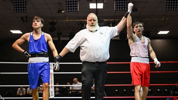 Jude Gallagher of Two Castles OBA in Tyrone, right, after victory over Martin McDonagh of Avona BC in the 60kg quarter-final at the 2026 National Elite Boxing Championships