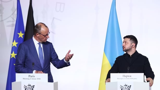 PARIS, FRANCE - JANUARY 6: (L-R) Friedrich Merz Chancellor of Germany and Volodymyr Zelensky President of Ukraine attend a Press Conference during the 'Coalition Of The Willing' meeting at Elysee Palace on January 6, 2026 in Paris, France. Leaders from around 30 countries are gathering in Paris to d