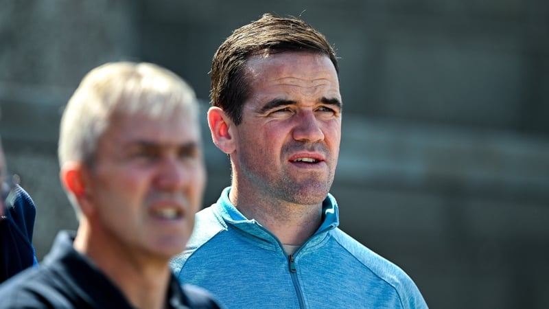 9 August 2025; Recently appointed Dublin manager Ger Brennan, right, at the Dubin County Senior Football Championship Round 1 match between St Vincent's and Ballinteer St John's at Parnell Park in Dublin. Photo by Ray McManus/Sportsfile