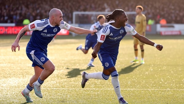 MACCLESFIELD, ENGLAND - JANUARY 10: Isaac Buckley-Ricketts of Macclesfield celebrates scoring his team's second goal with teammate Josh Kay during the Emirates FA Cup Third Round match between Macclesfield and Crystal Palace at Moss Rose Ground on January