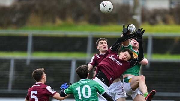 10 January 2026; Conor Quinn of Leitrim in action against Mikey Mulryan, centre, and Conal Gallagher of Galway during the FBD Connacht League Round 2 match between Galway and Leitrim at Tuam Stadium in Tuam, Galway. Photo by Tyler Miller/Sportsfile