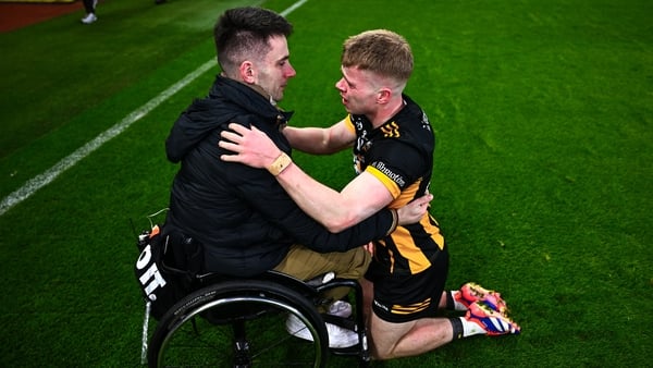 Kilbrittain captain Philip Wall celebrates with his brother Jamie after his sides victory in the AIB GAA Hurling All-Ireland Junior Club Championship final between Easkey of Sligo and Kilbrittain of Cork at Croke Park in Dublin. Photo by Piaras Ó Mídheach
