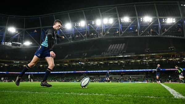 10 January 2026; Sam Prendergast of Leinster warms up before the Investec Champions Cup match between Leinster and La Rochelle at the Aviva Stadium in Dublin. Photo by Seb Daly/Sportsfile