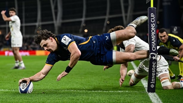 10 January 2026; Joshua Kenny of Leinster dives over to score his side's first try during the Investec Champions Cup match between Leinster and La Rochelle at the Aviva Stadium in Dublin. Photo by Seb Daly/Sportsfile