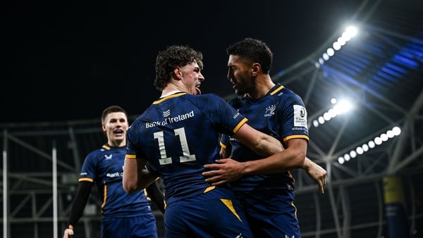 10 January 2026; Joshua Kenny, left, celebrates with Leinster team-mate Rieko Ioane after scoring his side's second try during the Investec Champions Cup match between Leinster and La Rochelle at the Aviva Stadium in Dublin. Photo by Seb Daly/Sportsfile