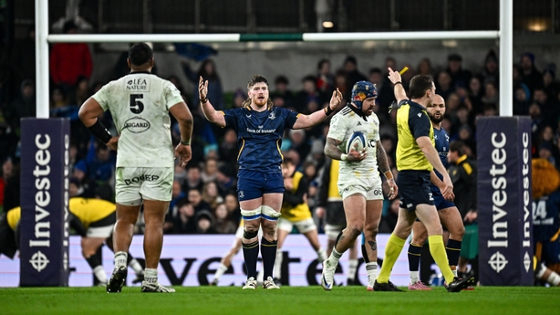 10 January 2026; Joe McCarthy of Leinster reacts after being showing a yellow card by referee Matthew Carley during the Investec Champions Cup match between Leinster and La Rochelle at the Aviva Stadium in Dublin. Photo by Seb Daly/Sportsfile