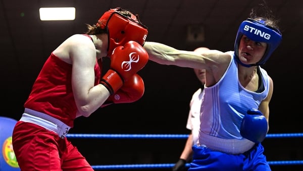 Kellie Harrington of St Mary’s BC, Tallaght, Dublin, right, and Zara Breslin of Tramore BC, Waterford, during their 60kg semi-final bout on day two of the 2026 National Elite Boxing Championships at the National Stadium in Dublin. Photo by Ramsey Cardy/Sp