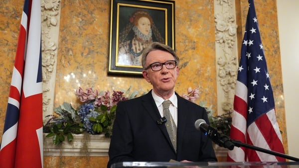 Britain's ambassador to the United States, Peter Mandelson, speaks during a welcome reception for British Prime Minister, Keir Starmer, at the ambassador's residence