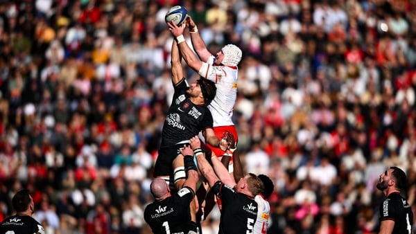 11 January 2026; Fineen Wycherley of Munster wins possession in the lineout against Esteban Abadie of RC Toulon during the Investec Champions Cup match between RC Toulon and Munster at Stade Felix Mayol in Toulon, France. Photo by Shauna Clinton/Sportsfil