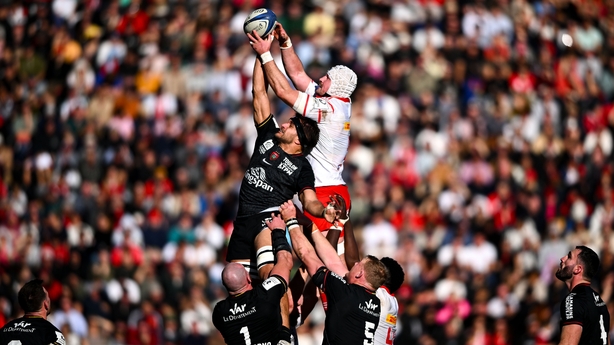 11 January 2026; Fineen Wycherley of Munster wins possession in the lineout against Esteban Abadie of RC Toulon during the Investec Champions Cup match between RC Toulon and Munster at Stade Felix Mayol in Toulon, France. Photo by Shauna Clinton/Sportsfile