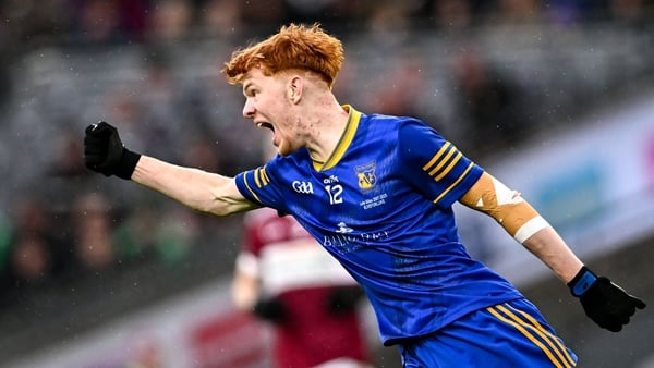 Ballymacelligott's Jack Joy celebrates a point against Clogher Eire Óg at Croke Park