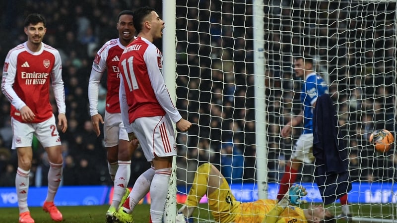 Arsenal's Brazilian midfielder #11 Gabriel Martinelli celebrates scoring the team's fourth goal, his hat-trick, during the English FA Cup third round football match between Portsmouth and Arsenal at Fratton Park in Portsmouth, southern England on January