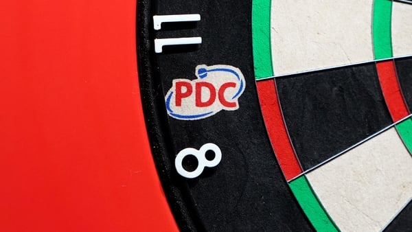 A general view of a dart board featuring the PDC logo