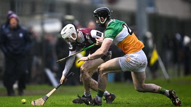 11 January 2026; Declan McLaughlin of Galway in action against Ben Conneely of Offaly during the Dioralyte Walsh Cup semi-final match between Galway and Offaly at Duggan Park in Ballinasloe, Galway. Photo by Seb Daly/Sportsfile