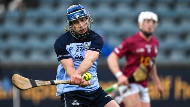 11 January 2026; Davy Keogh of Dublin scores his side's third goal, in the 29th minute, during the Dioralyte Walsh Cup semi-final match between Dublin and Westmeath at Parnell Park in Dublin. Photo by Ray McManus/Sportsfile