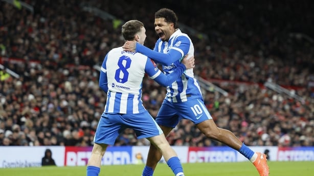 MANCHESTER, ENGLAND - JANUARY 11: Brajan Gruda and Georginio Rutter of Brighton and Hove Albion celebrate 1st goal during the Emirates FA Cup Third Round match between Manchester United and Brighton & Hove Albion on January 11, 2026 in Manchester, England. (Photo by Richard Sellers/Sportsphoto/Allst