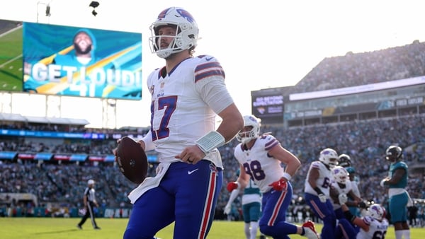 Josh Allen #17 of the Buffalo Bills reacts after rushing for a touchdown during the fourth quarter against the Jacksonville Jaguars in the AFC Wild Card Playoff game at EverBank Stadium on January 11, 2026 in Jacksonville, Florida. (Photo by Megan Briggs/