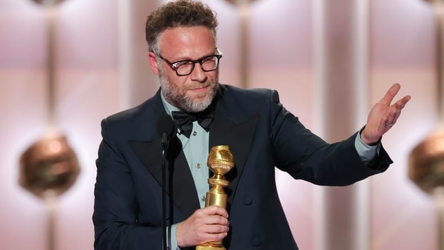Seth Rogen with his Golden Globe for Best Actor in a Television Series – Musical or Comedy