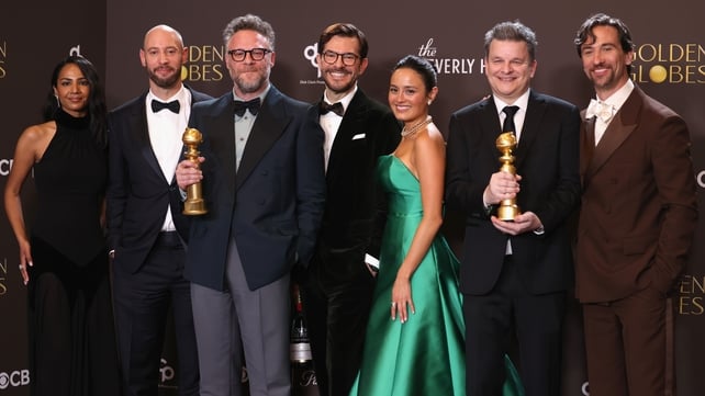 Frida Perez, Evan Goldberg, Seth Rogen, Peter Huyck, Chase Sui Wonders, Alex Gregory and James Weaver, winners of the Best Television Series - Musical or Comedy award for The Studio