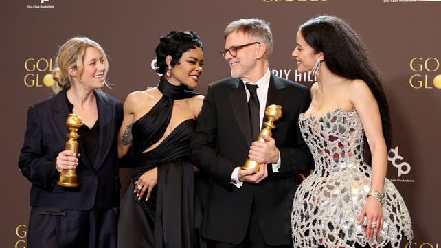 Sara Murphy, Teyana Taylor, Paul Thomas Anderson and Chase Infiniti, winners of the Best Motion Picture - Musical or Comedy Award for "One Battle After Another"