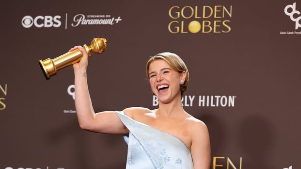 BEVERLY HILLS, CALIFORNIA - JANUARY 11: (FOR EDITORIAL USE ONLY) Jessie Buckley, winner of the Best Performance by a Female Actor in a Motion Picture – Drama Award for "Hamnet" poses in the press room during the 83rd Annual Golden Globe Awards at The Beverly Hilton on January 11, 2026 in Beverly Hil